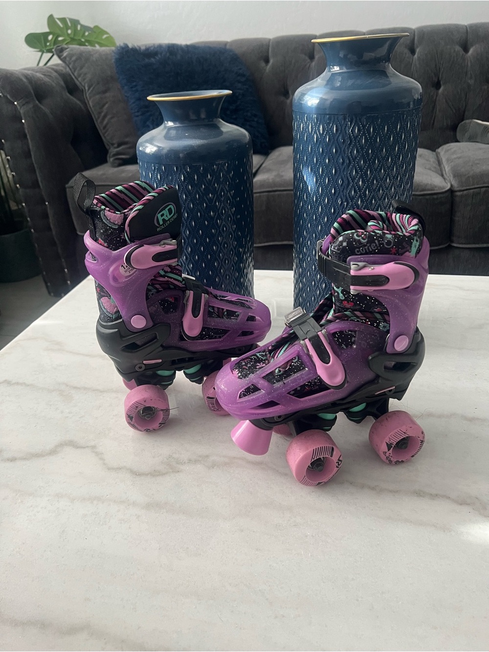 Adjustable Purple Kids Quad Roller Skates with Pink Wheels